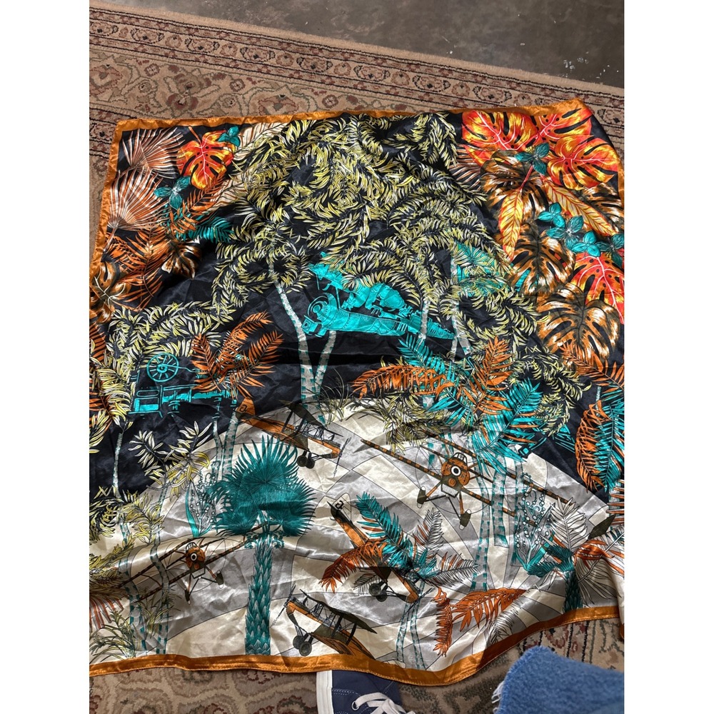 Vintage Style Tropical Jungle Biplane Print Satin Square Scarf Teal Orange Black